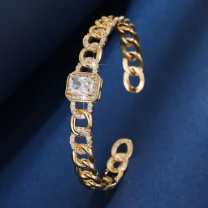 18K Gold Plated Chain Link Charm Bangle for Women