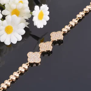 18K Gold-Plated Clover Moissanite Bracelet Heart Link Chain for Girls