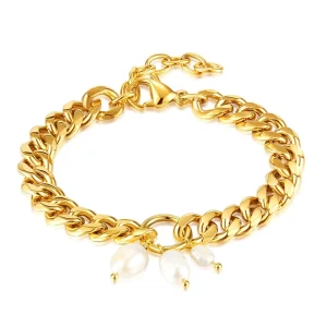 18K Gold-Plated Cuban Chain Natural Pearl Anti-Tarnish Bracelet for Women
