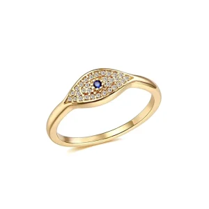 18K Gold-Plated Cubic Zirconia Blue Sapphire Evil Eye Ring for Women
