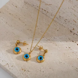 18K Gold-Plated Evil Eye Charm Pendant Necklace and Earrings Set