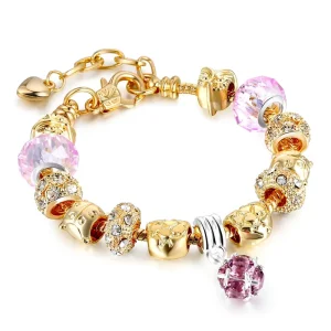 18K Gold Plated Fairycore Pink Crystal and Owl Charm Adjustable DIY Bangle Lead and Nickel Free