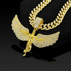 18K Gold Plated Iced Out Winged Angel Goddess Pendant Necklace Cuban Link Chain