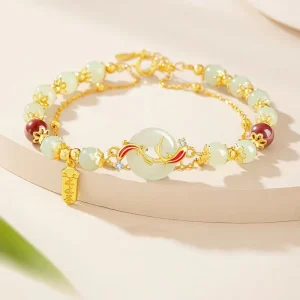 18K Gold-Plated Koi Fish-Inspired Hetian Jade Beaded Bracelet with 6MM Glass Crystal Beads