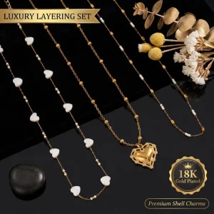 18K Gold-Plated Layered Heart Pendant Necklace Natural Seashell Stainless Steel Waterproof