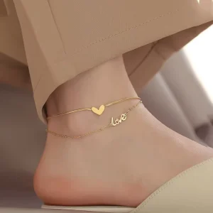 18K Gold Plated Minimalist Double Layered LOVE Letters Heart Stainless Steel Fine Jewelry Anklets for Women