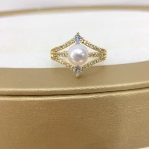 18K Gold Plated Natural Freshwater Pearl Zircon Ring for Women