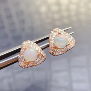 18K Gold-Plated Natural Opal 925 Sterling Silver Flat-Back Earrings, Christmas Style