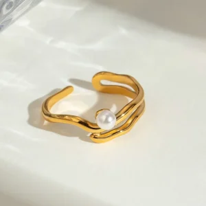 18K Gold Plated Pearl Open Ring for Women Dainty Stainless Steel Pearl Jewelry Waterproof Gift