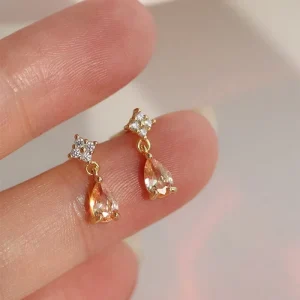 18K Gold Plated S925 Sterling Silver Champagne Zircon Pear Cut Drop Earrings