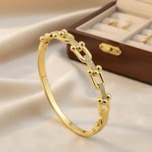 18K Gold-Plated Stackable Bangle Bracelet for Women, Crystal-Inlaid Pin Clasp