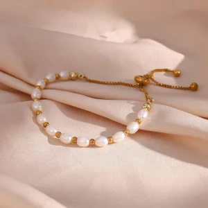 18K Gold-Plated Stainless Steel Beaded Bracelet with Freshwater Pearl Beads and Drawstring Closure