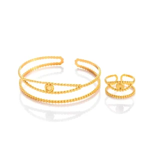 18K Gold Plated Stainless Steel Beaded Link Bracelet And Ring Set Elegant Ladies’ Classic Open Cuff With Medallion