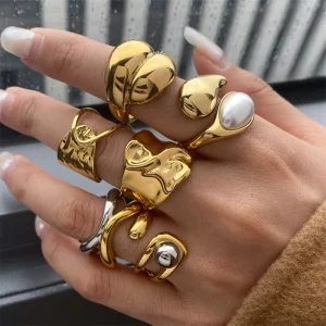 18K Gold-Plated Stainless Steel Chunky Ring with Large Baroque Pearl, Textured Irregular Design