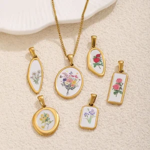 18K Gold Plated Stainless Steel Floral Pendant UV Printed Rose Iris