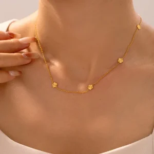 18K Gold Plated Stainless Steel Flower Clover Choker Necklace, Tarnish Resistant, for Women