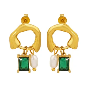 18K Gold Plated Stainless Steel Freshwater Pearl Dangle Stud Earrings for Women Non-Tarnish