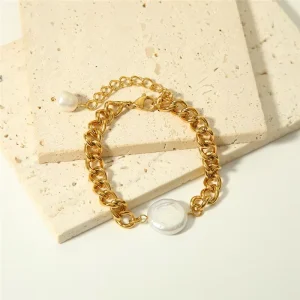18K Gold Plated Stainless Steel Freshwater Pearl Fashion Chain & Link Bracelets
