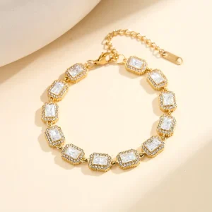 18K Gold Plated Stainless Steel Handmade Halo Rectangle CZ Link Tennis Bracelet for Women