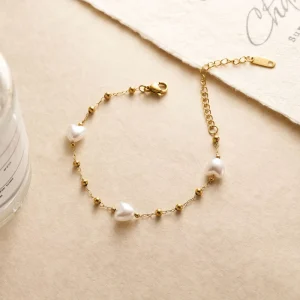 18K Gold-Plated Stainless Steel Heart Imitation Pearl Bangle