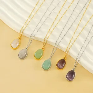 18K Gold Plated Stainless Steel Irregular Oval Natural Gemstone Pendant Necklace for Women