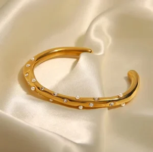 18K Gold Plated Stainless Steel Mini Pearl Pave Zircon Open Cuff Bangle for Women