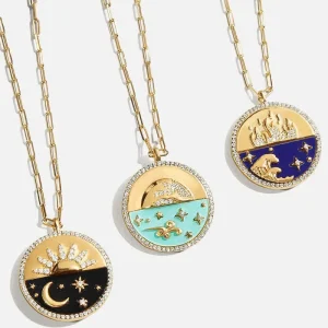 18K Gold-Plated Stainless Steel Necklace with Round Brass Star and Moon Pendant Colorful Enamel and Zircon