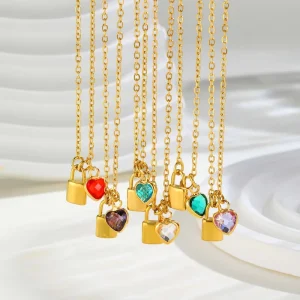 18K Gold Plated Stainless Steel Padlock Heart Crystal Necklace Multi Color Rhinestone Love Lock Pendant Jewelry for Women