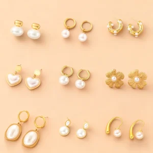 18K Gold Plated Stainless Steel Pearl Drop Hoop Earrings