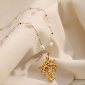 18K Gold-Plated Stainless Steel Pearl Palm Tree Pendant Necklace