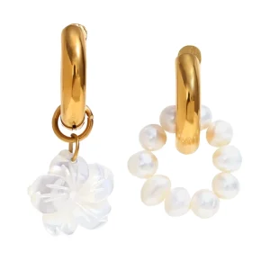 18K Gold Plated Stainless Steel Shell Pearl Flower Clip-On Hoop Earrings for Women
