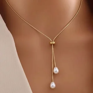 18K Gold-Plated Stainless Steel Snake Chain Adjustable Y-Shaped Lariat Necklace with Double Shell Pearls