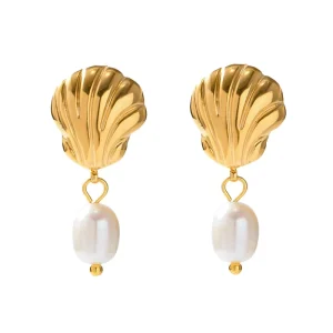 18K Gold-Plated Stainless Steel Stud Earrings with Freshwater Pearl Pendant for Weddings