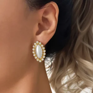 18K Gold Plated Stainless Steel White Pearl Zircon Stud Earrings