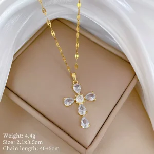 18K Gold Plated Stainless Steel Zircon Cross Pendant Necklace for Women
