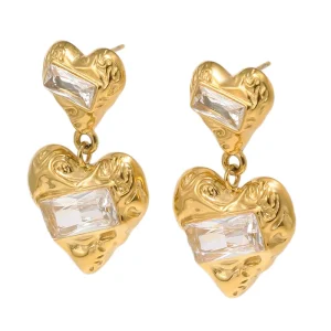 18K Gold Plated Stainless Steel Zircon Heart Pendant Earrings for Women