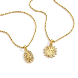 18K Gold-Plated Virgin Mary Portrait Pendant Necklace White Zirconia Rope Chain Waterproof Stainless Steel
