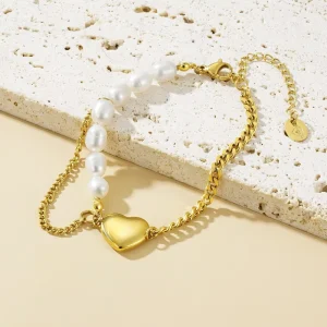18K Gold Stainless Steel Chain Natural Pearl Beaded Heart Charm Bracelet for Women
