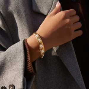 18K Gold Stainless Steel Classic Pearl Wide Band Bracelet Hammered Texture Adjustable Open Bangle