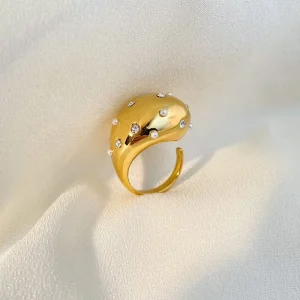 18K Gold Stainless Steel Open Ring with Inlaid Zircon and Pearl