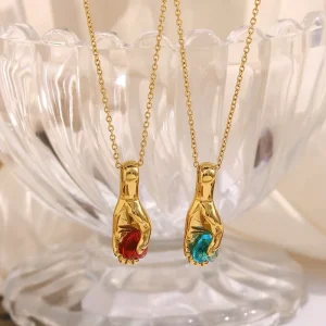 18K Gold Stainless Steel Red Stone Hand Holding Pendant Necklace Waterproof