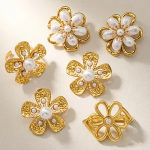 18K PVD Gold-Plated 316L Stainless Steel Pearl Flower Earring and Ring Set for Women