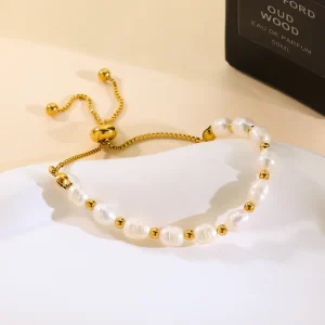 18K PVD Gold Plated Freshwater Pearl Adjustable Bracelet Geometric Stainless Steel