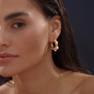 18K PVD Gold Plated Stainless Steel Hypoallergenic Punk Mechanical Gear Fine Pearl Hoop Earrings