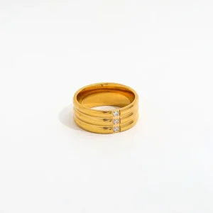 18K PVD Gold-Plated Stainless Steel Rings with 3 CZ Stones, Cambered Surface