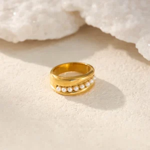 18K PVD Gold Plated Tarnish-Free Stainless Steel Pearl Ring for Women