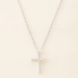 18K Pure White Gold Natural Diamond Brilliant-Cut Catholic Cross Pendant