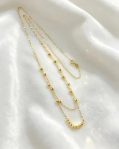 18K Solid Gold Double-Layer Necklace, AU750, Real Gold Beads, Clavicle Chain
