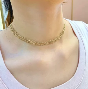 18K Solid Gold Link Chain Choker Necklace for Wedding and Formal Events