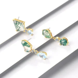 18K Solid Gold Moss Agate Dangle Claw Setting Threadless End Piercing Jewelry